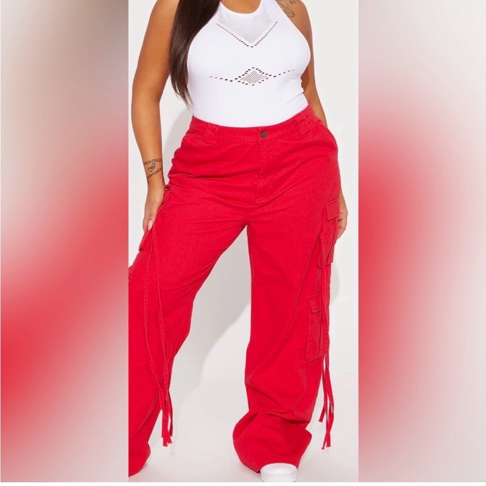 Fashion Nova Red Wide Leg Cargo Pants